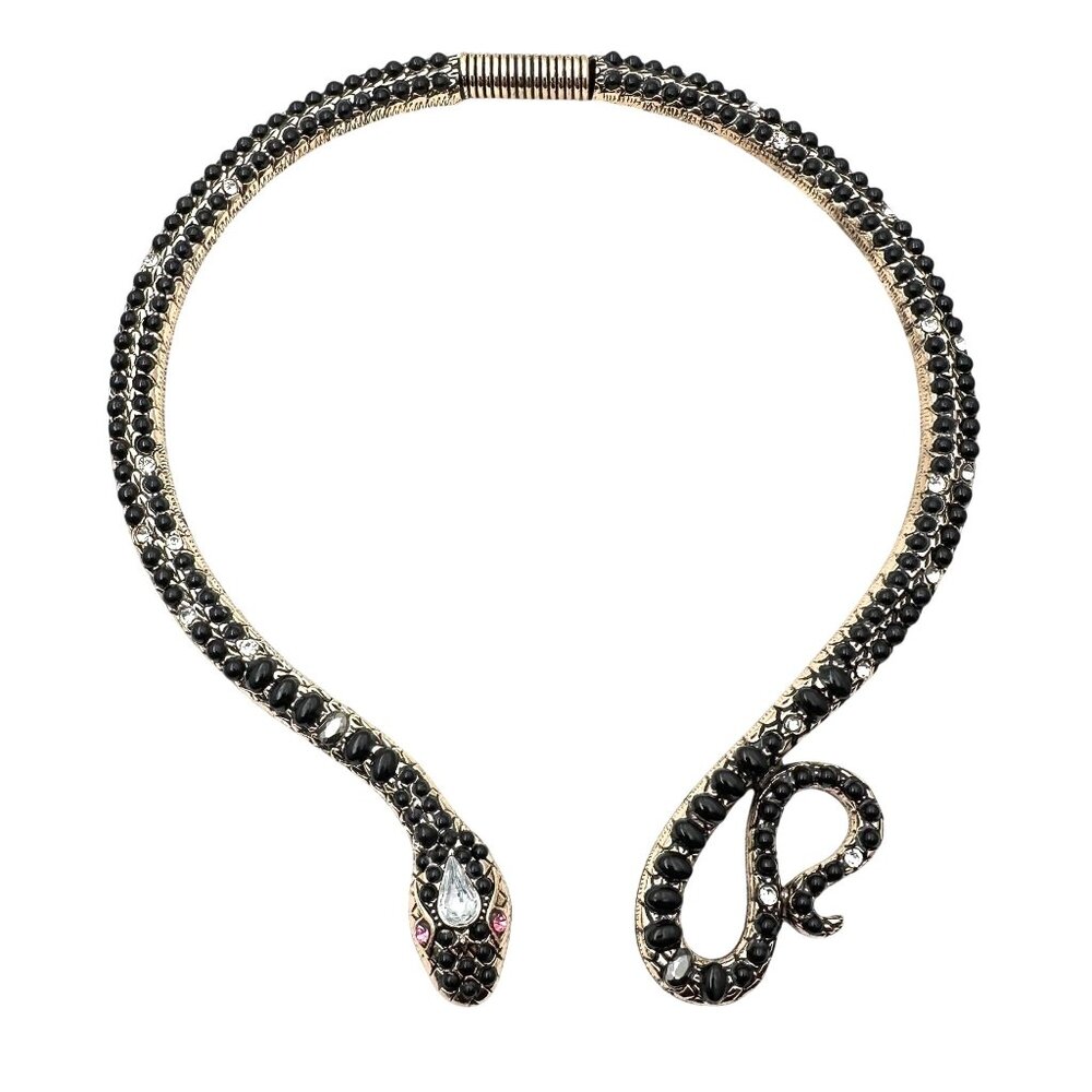 Egyptian Revial Black Pink Rhinestone Gold Snake Collar Statement Necklace
